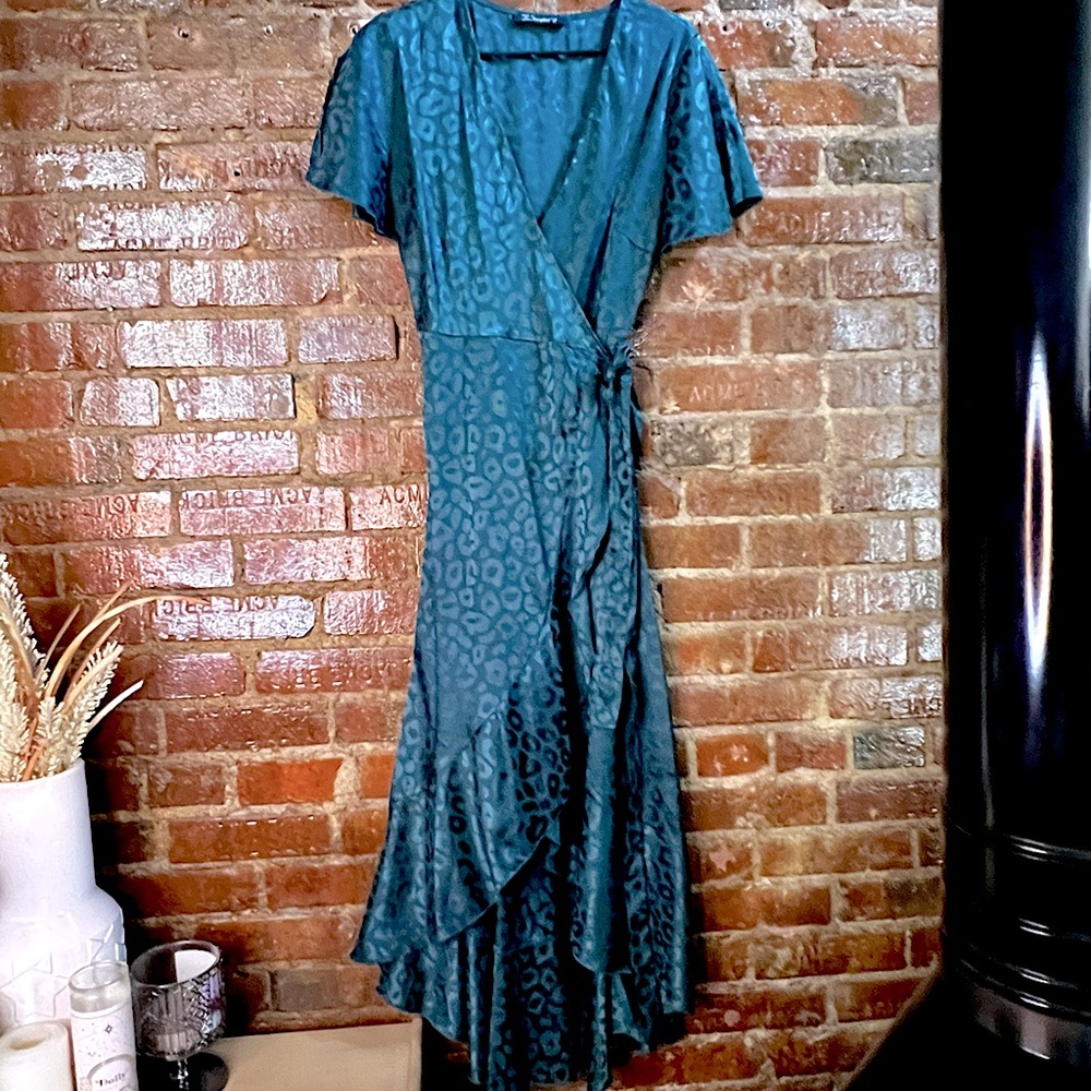 Green Satin High Low Wrap Dress Size M Silky Leopard Print
